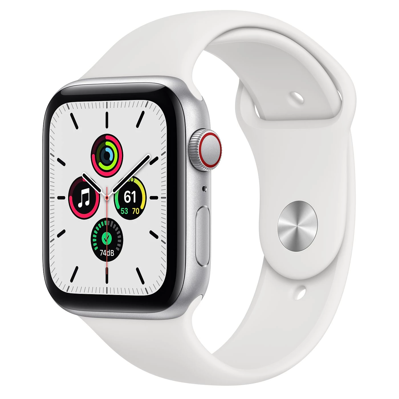 Apple Watch SE GPS + Cellular 44mm Silver Aluminum Case with White Sport Band (MYEM2, MYEV2)
